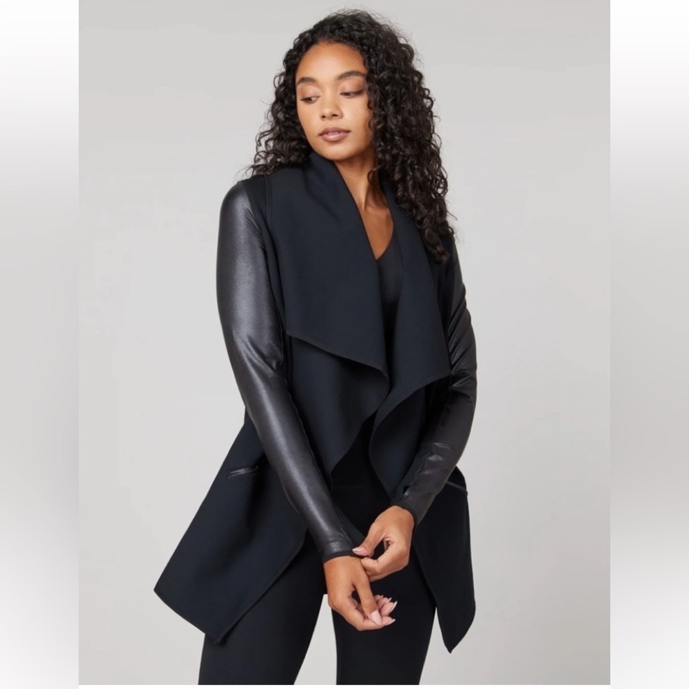 Spanx‎ Black Drape Front Jacket Faux Leather Sleeves Black XS
